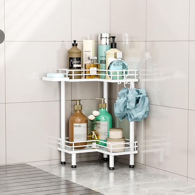 HapiRm Corner Shower Caddy Standing - 2 Tier Shower Organizer Corner with Soap Holder, Rustproof Bathroom Standing Organizer with 2 Hooks, White