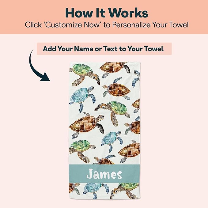 Ships Next Day - Personalized Beach Towel for Kids & Adults - Printed in USA - Custom Towels with Picture and Text - Quick Dry Pool Towels - Cotton/Poly Blend - 30" x 60" - Sea Turtles