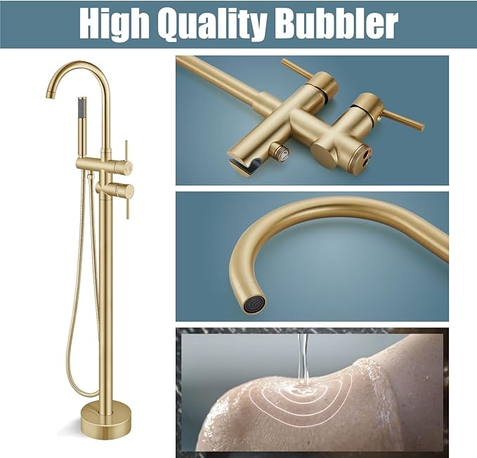 Aolemi Floor Mount Bathtub Faucet Freestanding Tub Filler Standing High Flow Shower Faucets Shower Mixer Taps, Swivel Gooseneck Spout with Cylinder Handheld Brushed Gold