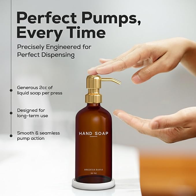 Luxury Glass Hand Soap Dispenser Bathroom Set by Brighter Barns - Refillable Liquid Hand Soap Dispenser Set for Kitchen - Gold Bathroom Decor and Accessories for Airbnb, Spa, Hotel, Gifts (Amber/Gold)