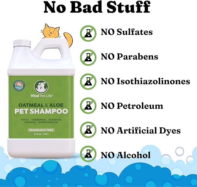Dog Shampoo with Oatmeal, Aloe Vera, Chamomile, Jojoba Oil, Vitamin E - Natural Ingredients, Helps Allergies Dry Coats & Itchy Sensitive Skin, No Parabens or Artificial Dyes, 64 oz