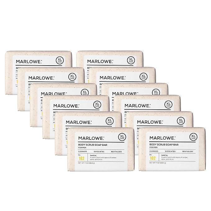 MARLOWE. No. 102 Body Scrub Soap 7 oz (12 Bars), Santal, Exfoliating Soap Bar with Shea Butter, Olive Oil & Green Tea Extracts, Cleanses, Smooths & Revitalizes Skin, Warm Amber, Spice & Citron Scent