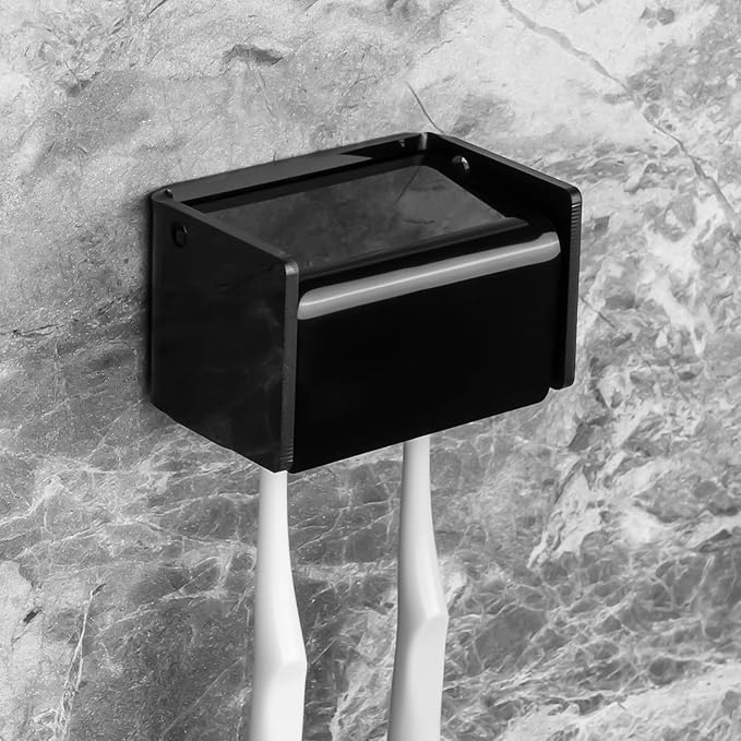 Toothbrush Holder Wall Mounted with Cover for Bathroom, 2 Slots Toothbrush Storage Organizer for Shower, Self Adhesive Toothbrush Hanger Rack for Dorm, Cabinet (Black)