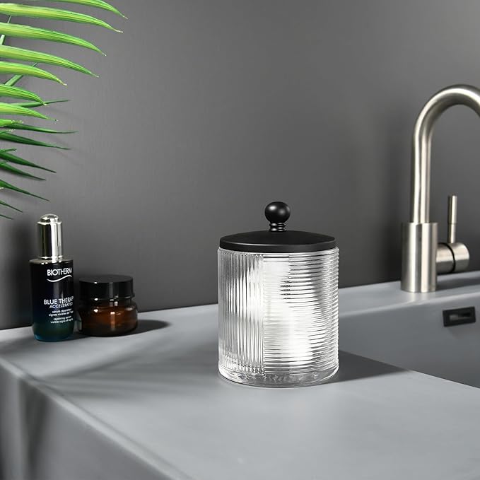 Clear Transparent Apothecary Ribbed Geometric Etched Glass Jar W/Matte Black Metal Lid Cover for Bathroom Organization, Cotton Balls, Q Tips, and Small Accessories, Bathroom Storage