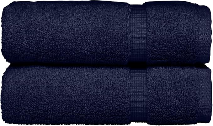 Monogrammed Hand Towel, Personalized Initial Gift, Extra Absorbent 100% Turkish Cotton - Soft Terry Finish - Set of 2 - White Block Initial L - Embroidered on Navy Blue Towels