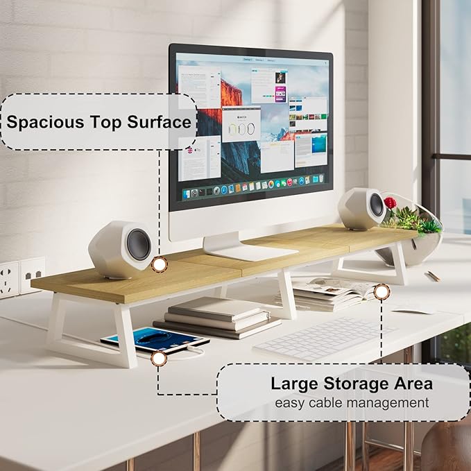 TEAMIX Large Dual Monitor Riser - Wood & Steel Desk Organization - Maple, 42 inch