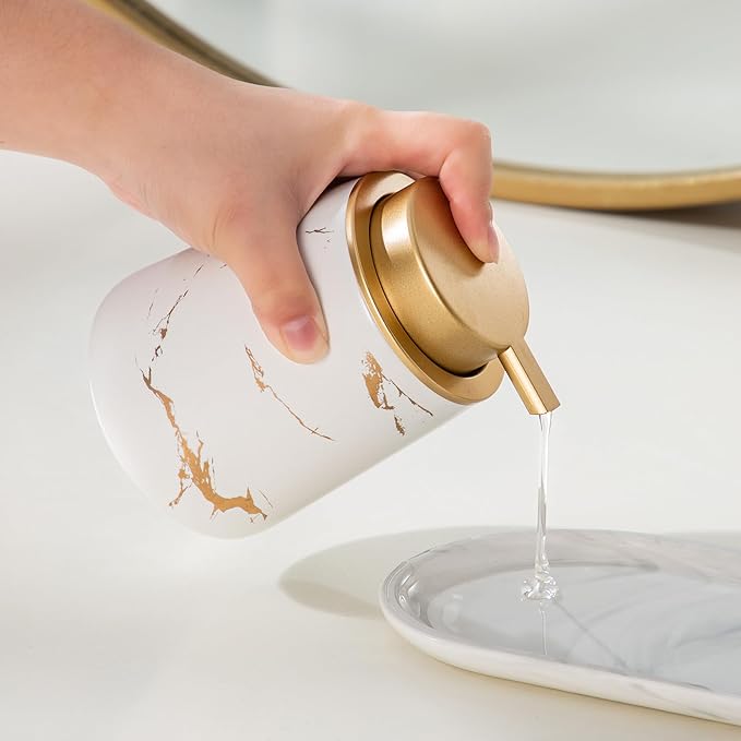 Enra Ceramic Gold Soap Dispenser,12 oz Marble Hand Liquid Soap Dispenser for Bathroom Kitchen Dispenser for Dish Soap with Easy-to-Press(Glod Liquid Type2)