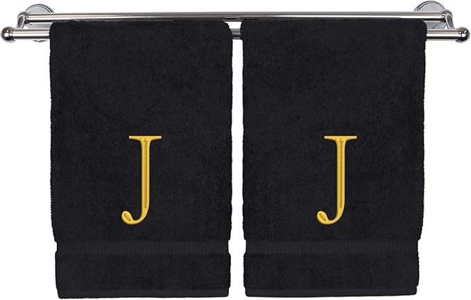 Monogrammed Hand Towel, Personalized Initial Gift, Extra Absorbent 100% Turkish Cotton - Soft Terry Finish - Set of 2 - Gold Block Initial J - Embroidered on Black Towels