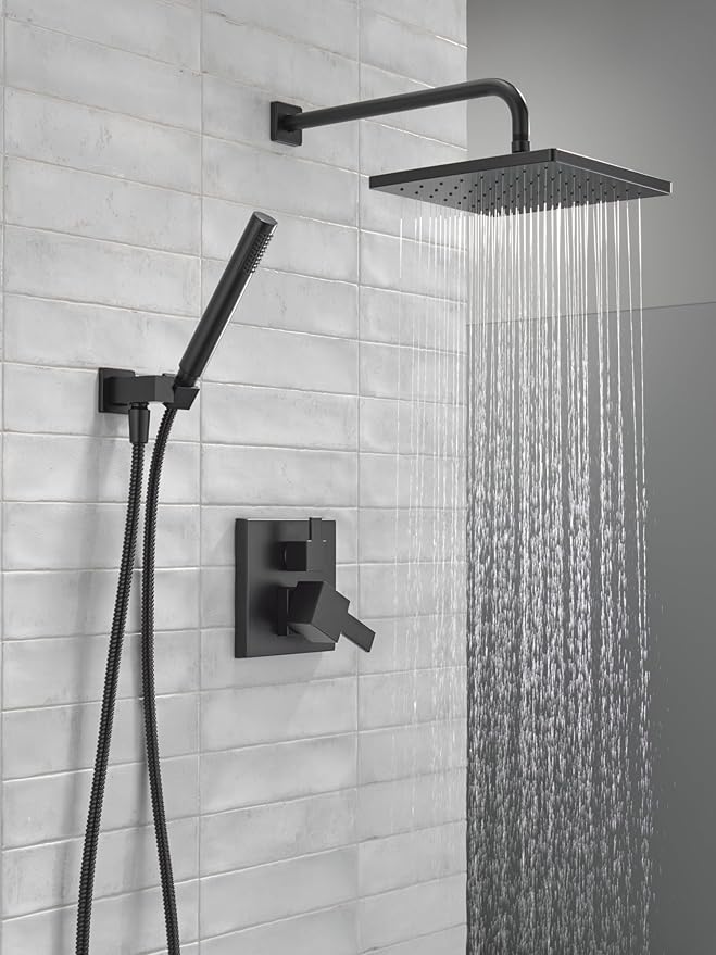 Delta Modern 14 Series Square Rain Shower System Faucet Set, Rainfall Matte Black Shower Head and Handle Set, Valve Trim Kit, 10 Inch, Matte Black 342701-BL