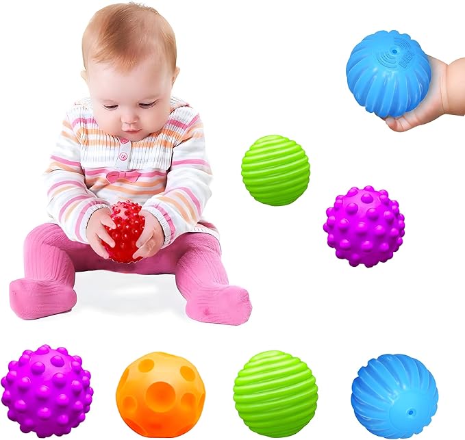 Montessori Toys for Babies 3 Months+, Baby Balls 3 to 12 Month for Babies & Toddlers 3M+, Textured Multi Ball Set Colorful & Soft Squeezy Sensory Toys. Stress Relief Balls for Infant (4 Pack)