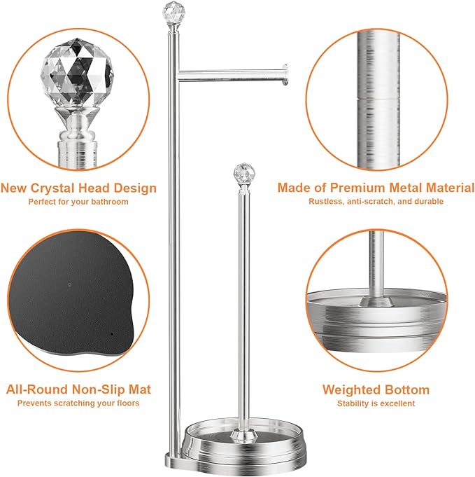 Toilet Paper Holder for Bathroom, Heavy Weighted Metal Free Standing Toilet Paper Holder Stand with Crystal Ball, Toilet Paper Roll Stand for Bathroom Accessories