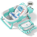 Collapsible Baby Bathtub for Newborn with Thermometer & 1 Soft Floating Cushion & Drain Hole, Foldable & Portable Travel Baby Bath Tub for Newborns to Toddlers 0-36 Months Boys, Cyan