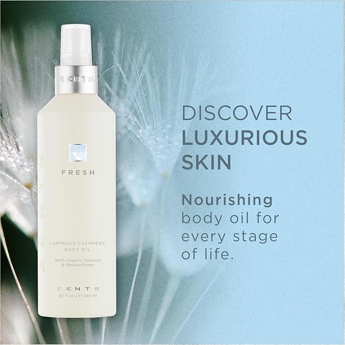 Zents Luminous Cashmere Body Oil (Fresh Fragrance) | Moisturizing Body Oil with Vitamin E & Organic Coconut Oil | Softens & Smooths Skin | 8 fl oz