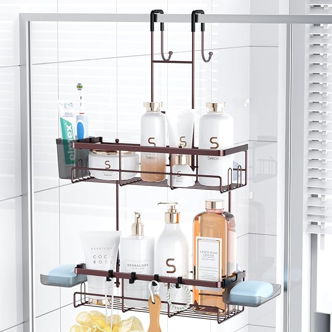 Over the Door Hanging Shower Caddy: Rustproof Hanging Organizer over the Door - No Drilling Bathroom Rack for Inside Shower Bronze