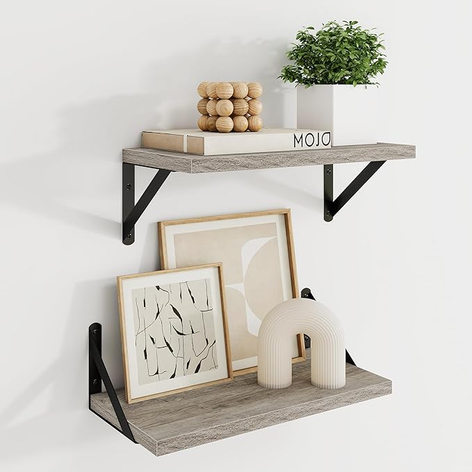 Dreamland Deep Floating Shelves for Wall, 16W x 8D Wall Mounted Wide Shelves Set of 2, Grey Floating Shelves Bedroom with Sturdy Metal Brackets for Living Room, Bathroom and Kitchen