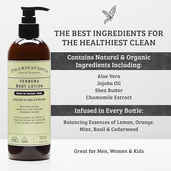 Pharmacopia Verbena Body Lotion - Hydrating Natural Moisturizer with Aromatherapy Benefits - Cruelty-Free Vegan Skin Care - Shea Butter, Aloe Vera, and Jojoba Oil - Lotion for Dry Skin, 16 oz