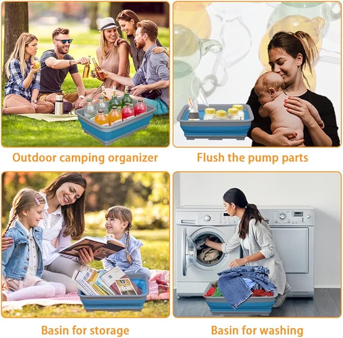 Collapsible Dish Pans – 10L (2.6 Gal) Foldable Sink Tub, 14.5'' x 10.5'' x 5", Compact and Space-Saving Multiuse Foldable Basin for Dish Washing, Camping, RV and Vegetable Cleaning