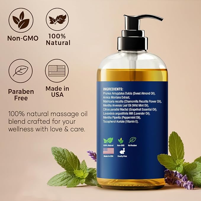 Sore Muscle Massage Oil for Massage Therapy 8 fl oz - Refreshing and Relaxing - Natural Oils with Arnica, Peppermint and Lavender Oil - for Men and Women - Nexon Botanics