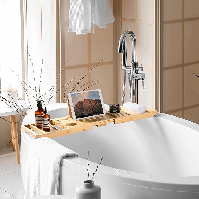 Bamboo Bathtub Tray | Splash-Proof Adjustable (28-40 Inch) | Non-Slip Pads, Wine Holder & Tablet Stand | Bath Relaxation & Reading Essentials