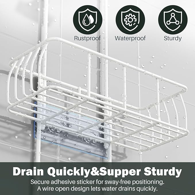 Epicano Shower Caddy Hanging, Anti-Swing Over Head Shower Caddy Rustproof with hooks for Towels, Sponge and more,White