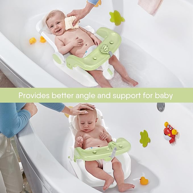 Baby Bath Seat with Sitting & Lying 2 Modes, 3-Speed Adjustment, Powerful Suction Cups, Infant Bathtub Chair with Washable Pillow, Folding and Hanging