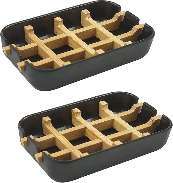 2 Pack Bamboo Soap Dish, Self-Draining Hand Soap Box, Wooden Bamboo Bar Soap Holder for Shower, Bathroom, Kitchen, Bathtub, Bar Sink (Black)