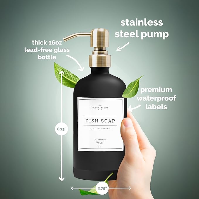 Vine Creations Black Glass Soap Dispenser, 2 Pack Kitchen Soap Dispenser Set with Stainless Steel Pump, 16 oz Dish Soap and Hand Soap Dispensers for Bathroom with Waterproof Labels