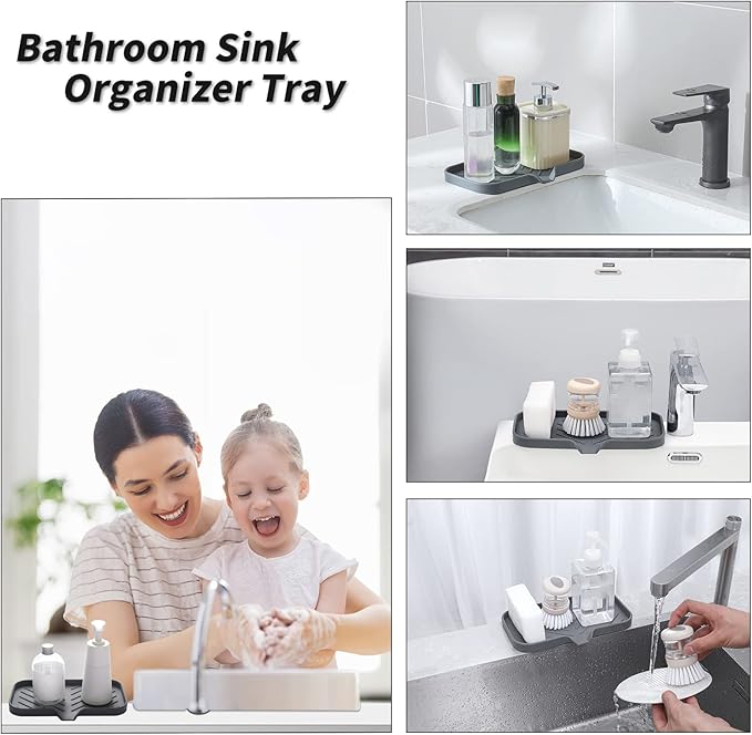 Silicone Bathroom Soap Dishes with Drain Spout-Bathroom and Kitchen Sink Organizer,Sponge Holder,Dish Soap Tray,Perfect for Dispenser,Scrubber,Bottle,Cup on Sink or Counter-Grey 9.6"×5.3"