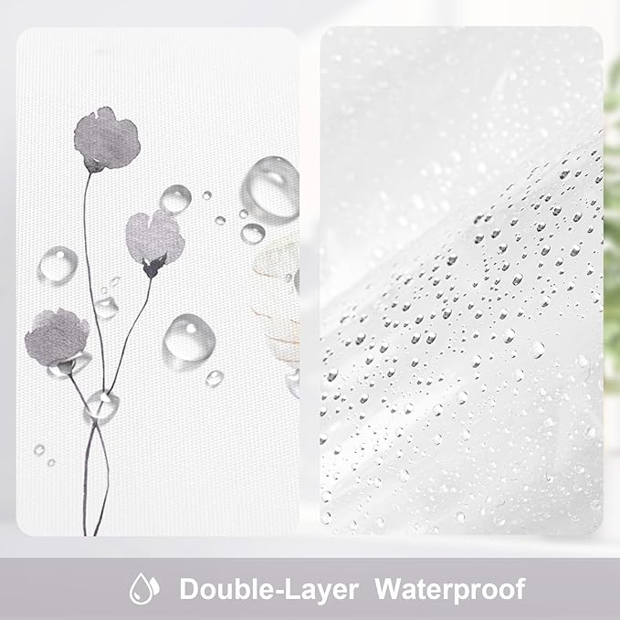 Gibelle 3 in 1 Shower Curtain Set, Charcoal Grey Watercolor Floral Bath Curtain and PEVA Liner Set with 12 Double Sided Steel Hooks, Waterproof Fabric Bathroom Curtain 72x72