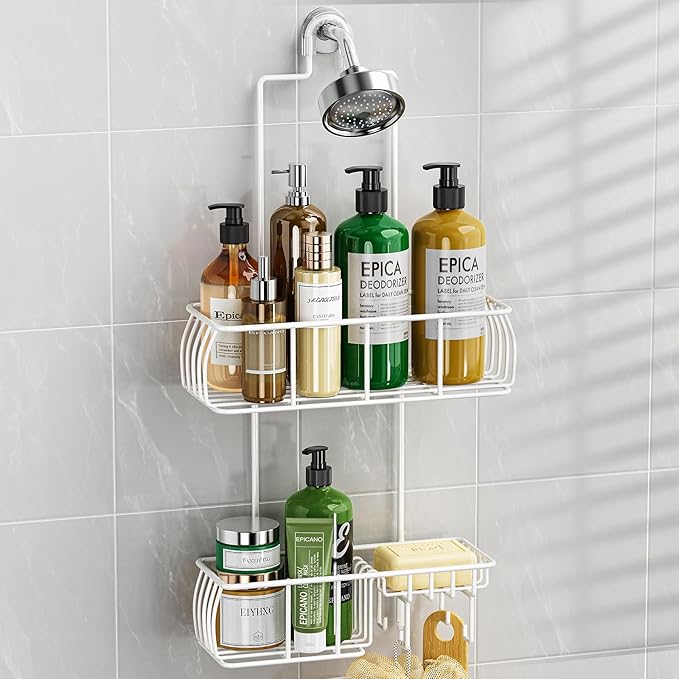 Epicano Shower Caddy Hanging, Anti-Swing Over Head Shower Caddy Rustproof with hooks for Towels, Sponge and more,White