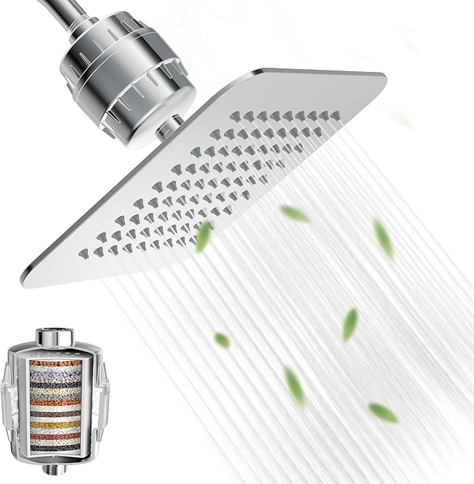 8'' High Pressure Filtered Shower Head Combo 20 Stage Shower Filter for Hard Water, Removes Chlorine & Harmful Substances (Chrome Polished)