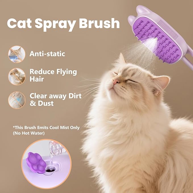 Rechargeable Cat Steam Brush with Mist Spray, 3-in-1 Pet Steam Brush for Long and Short Haired Cats and Small Dogs, Anti-Static, De-Shedding, Detangling, Massage, Purple Cat Design
