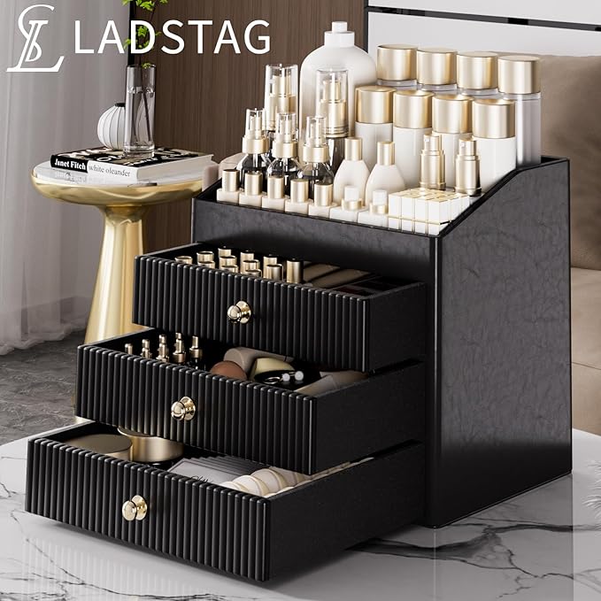 Cosmetic Organizer,Luxury Make up Organizer with 3 shelf Drawers,Black Large Capacity Makeup Organizers for Skincare,Brushes, Dresser,Bedroom,Bathroom,Gifts for Her,Birthday Gifts for Mom