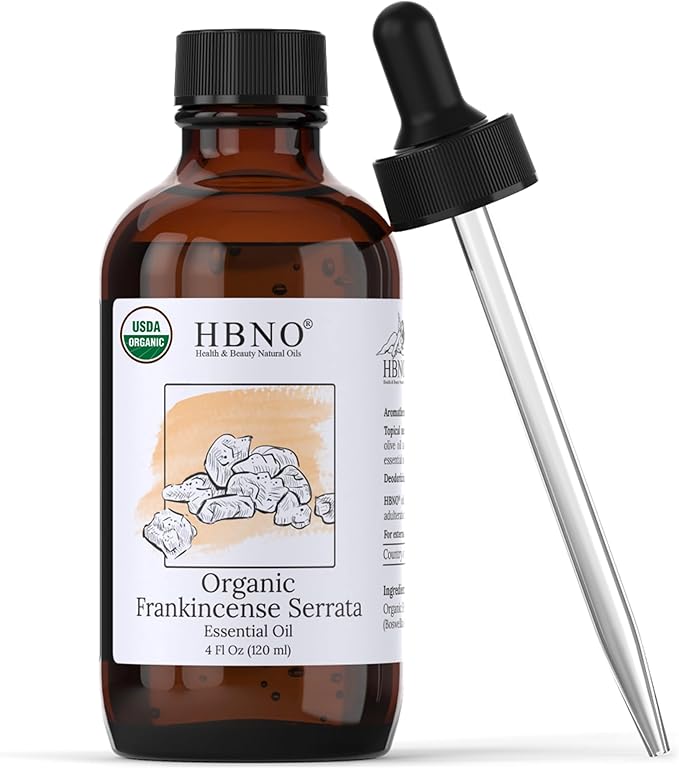 HBNO California Bottled Organic Frankincense Essential Oil 4 fl oz (120ml) - USDA Certified Oil - Organic Frankincense Essential Oil for Skin and Aromtherapy