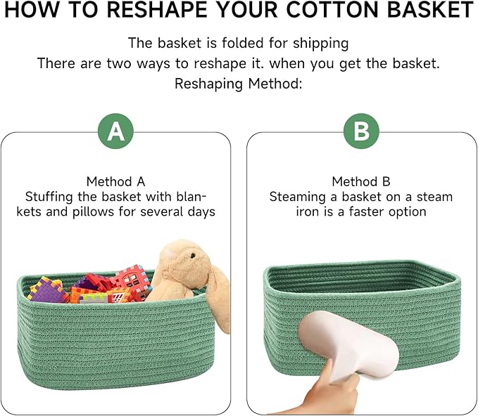 Small Storage Baskets for Organizing | Closet Organizer Bins | Shelf Toy Basket | Woven Rope Baskets | Cube Decorative Box | Shallow Basket | 11.5x7.5x4.7” | 3 Packs Green