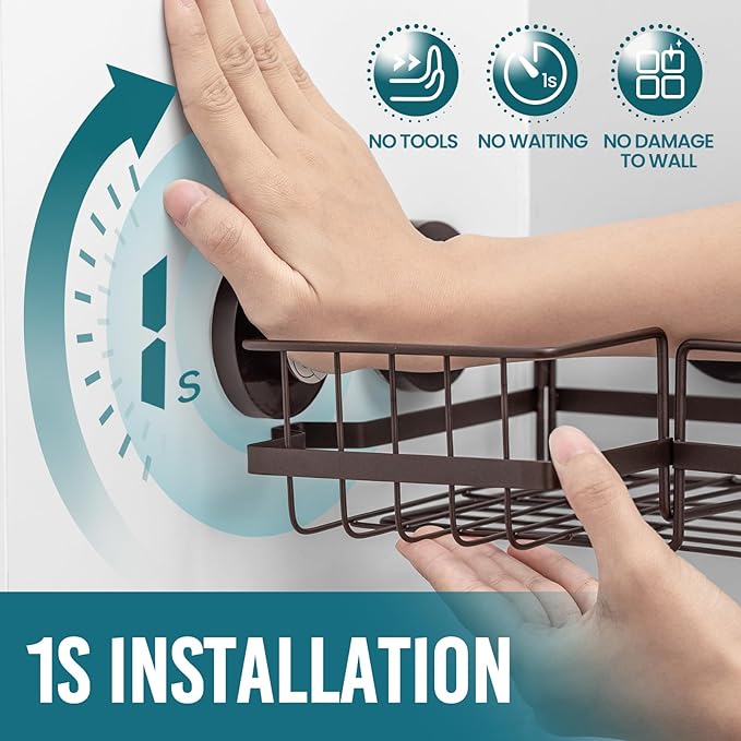 TAILI 2 Pack Powerful Suction Cup Shower Caddy Corner-adaptive, Stainless Steel Rustproof Shower Shelves with Hook, Drill-Free Wall Suction Baskets, Large Capacity Removable Bathroom Organizer, Brown
