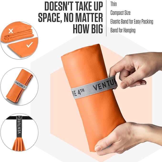VENTURE 4TH Quick Dry Towel. Microfiber Travel Towel Ideal for Camping, Hiking, Backpacking, Gym. Lightweight & Fast Drying Travel Towels for Body. Compact & Easy to Pack - Orange Medium