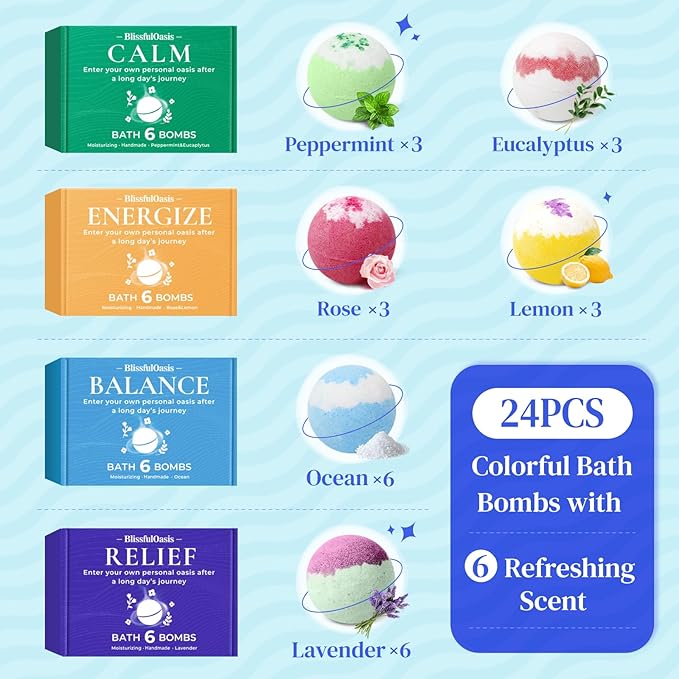 BlissfulOasis Bath Bombs Set, 24 Pcs Shower Bombs with 6 Refreshing Scents, Perfect for Moisturizing & Relaxing, Ideal for Birthday, Mother's Day, Valentine's Day Present Giving, Presents for Women
