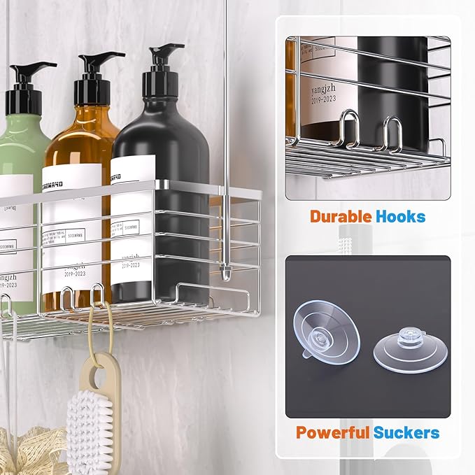 YUOROS Shower Caddy Hanging, Over the Door Shower Organizer Rack 304 Stainless Steel Rustproof (Silver)