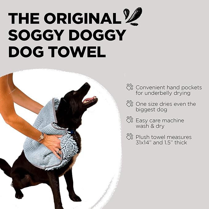 Soggy Doggy Super Shammy Dog Towel - Microfiber Chenille Towel for Drying Dogs and Cleaning Paws - Fast Drying with Hand Pockets for Ease (Gray, 31” x 14”)