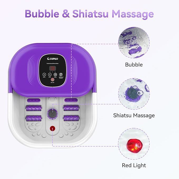 Foot Spa Bath Massager with Heat, Collapsible Foot Massager Spa Soaking Tub with Bubbles, Red Light, Pumice Stone, Shiatsu Massage Rollers, Pedicure Foot Spa for Relaxation, Gifts(Purple)