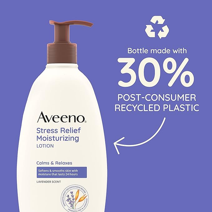 Aveeno Stress Relief Moisturizing Body Lotion 33 Fl Oz, Lavender Scent with Prebiotic Oat, Hydrating 24-Hour Moisturizer Non-Greasy for Dry Sensitive Skin, Paraben & Dye Free, Calming & Relaxing