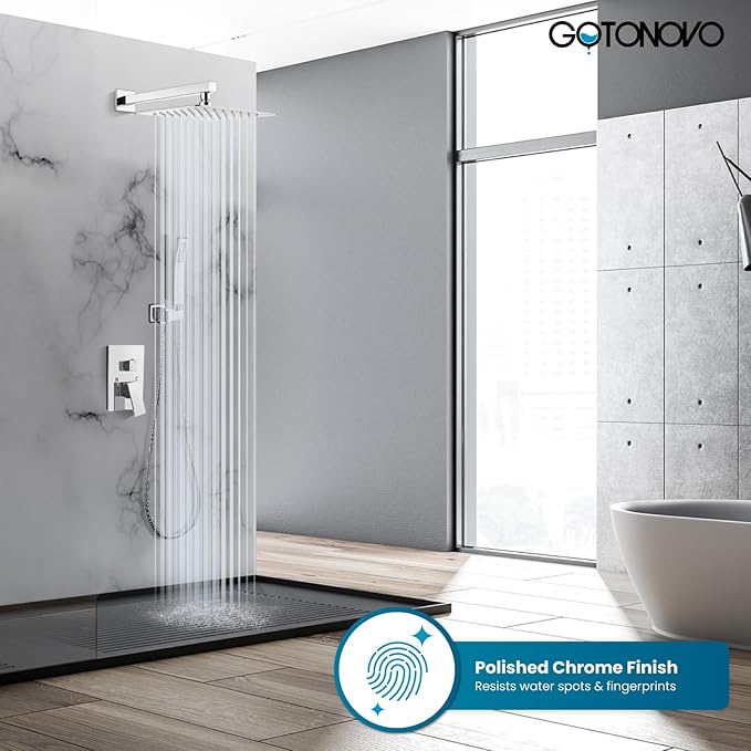 gotonovo Rainfall Bathroom Shower System Rain Shower Head and Handle Set Wall Mounted Shower Complete Combo Solid Brass Pressure Balancing Shower Mixer Valve 10 Inch Polished Chrome
