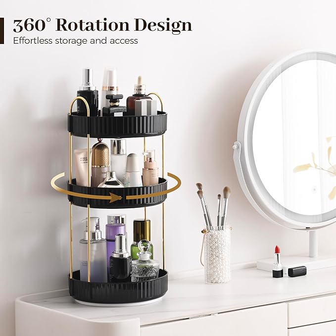 Aveniee 360 Rotating Makeup Organizer for Vanity, Large Spinning Bathroom Counter Organizer Shelf Holder for Cosmetics, Skin Care, Lipsticks,3 Tiers, Black