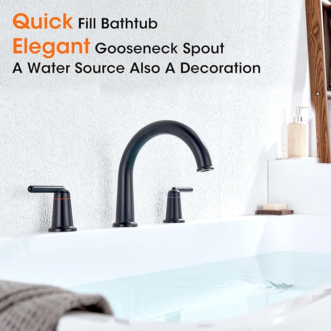 Bathtub Faucet Set 3 Hole, Widespread Deck Mount Tub Faucet with Valve Brass High Flow Tub Filler Garden Bath Tub Faucet Set 2-Handle High Arch Roman Bathtub Faucets Matte Black WT-9807BK