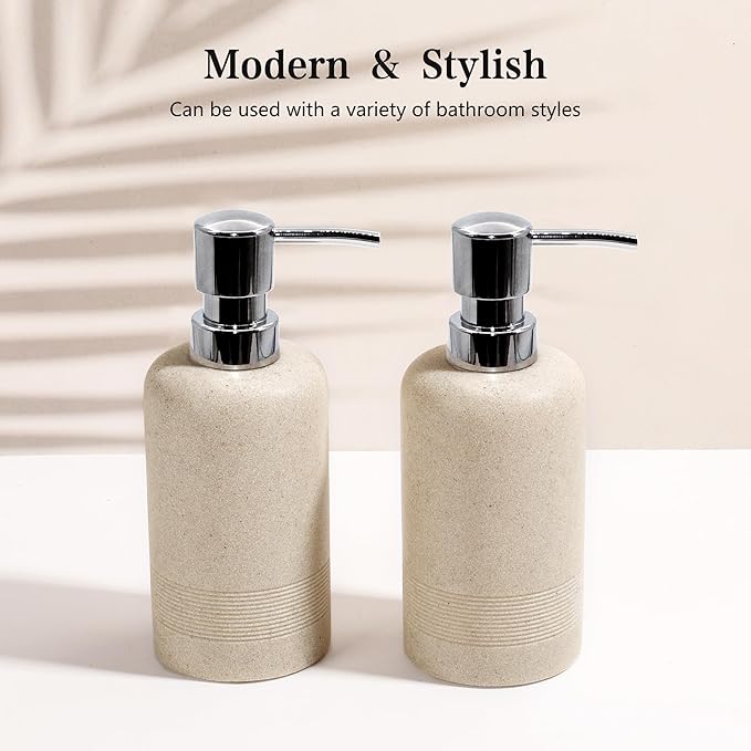 Resin Soap Dispenser Sets, 2 Pcs Heavy Lotion Dispensers,10.8oz Refillable Liquid Soap Dispensers with Rust-Proof Pump for Bathroom Countertop or Kitchen, Stone Beige