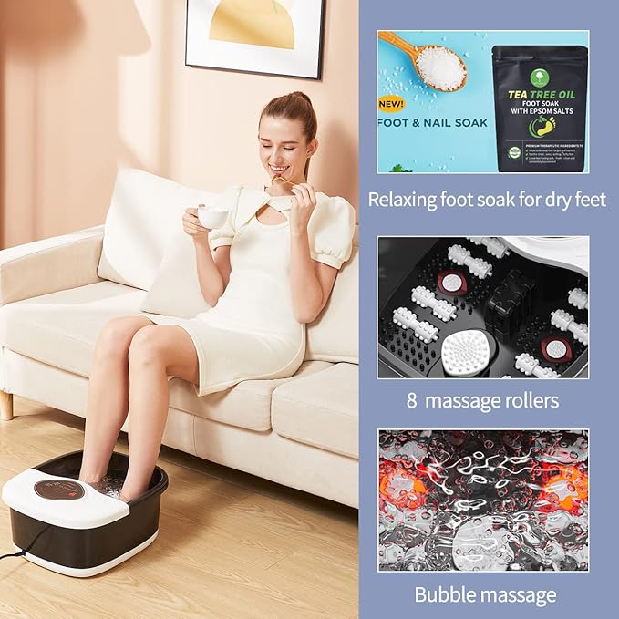 Foot Spa,Foot Bath Massager with Tea Tree Oil Foot Soak with Epsom Salt - with Heat, Bubbles and Vibration,Red Light,Medicine Box Digital Temperature Control 8 Acupressure Massage Points