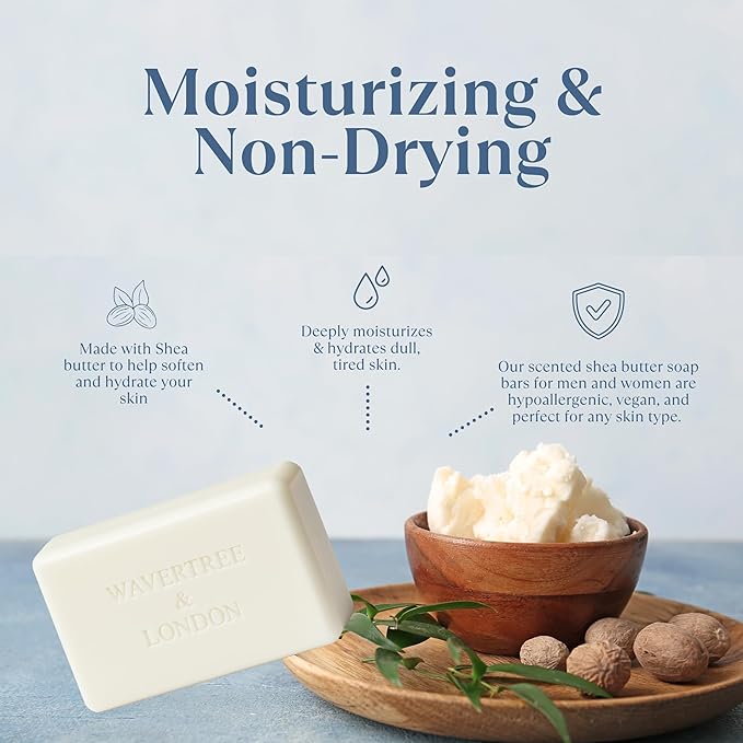 Wavertree & London Beach Scented Natural Soap (2 Bars), 7oz Moisturizing French Triple Milled Soap Bars enriched with shea butter - Pure Plant Based Bath & Body Bars for All Skin Types