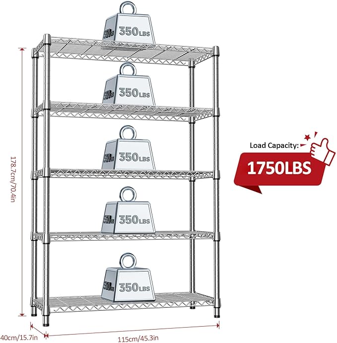 IZEUK 1750LBS Garage Shelving Wide Storage Shelves 5 Tier Metal Shelves Heavy Duty Adjustable Utility Shelf Rack (Chrome, 5 Tier, 15.7" D x 45.3" W x 70.9" H)