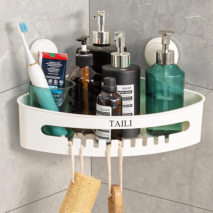 TAILI Shower Caddy Suction Cup Corner, Heavy Duty Bathroom Basket, Bath Shelves for Inside, Shower Holder Organizer for Bathroom Storage & Home Decor, No Drilling,White